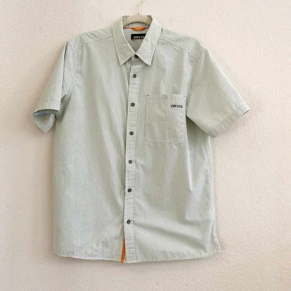 Orvis Mens‎ Classic Collection Seersucker Green Short Sleeve Button Up Shirt M